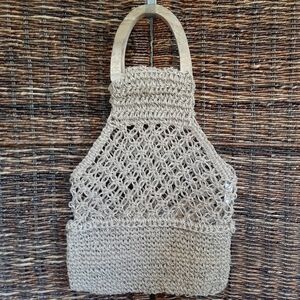 Creative Co-op Jute Crochet Handbag Natural Wooden Handles Boho Coastal Festival